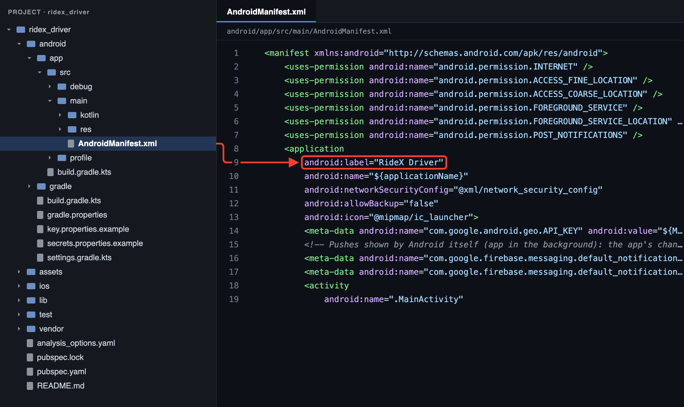 Driver app: the name under the icon is android:label in android/app/src/main/AndroidManifest.xml