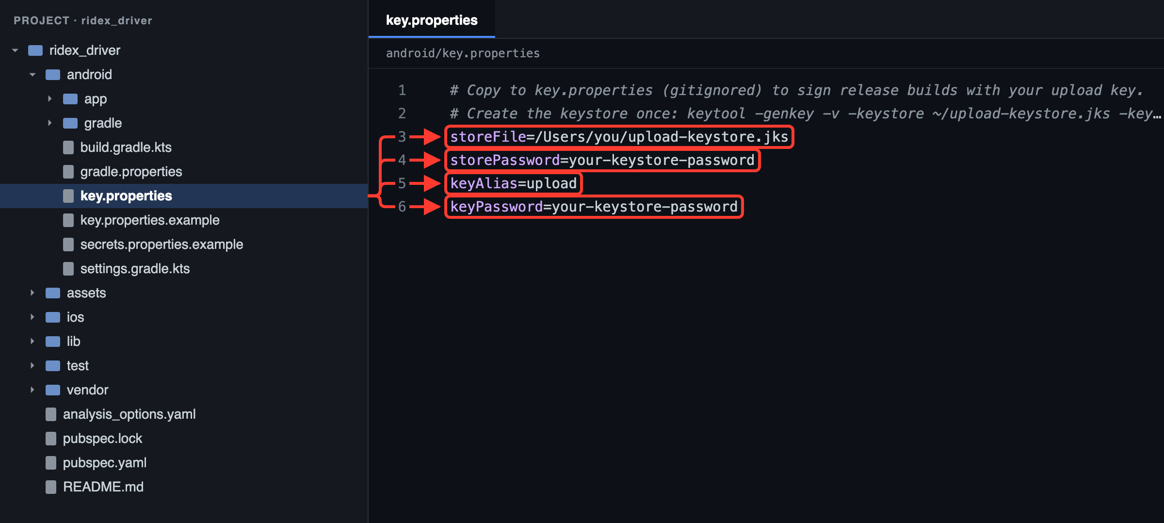 Driver app: a filled-in android/key.properties, next to key.properties.example