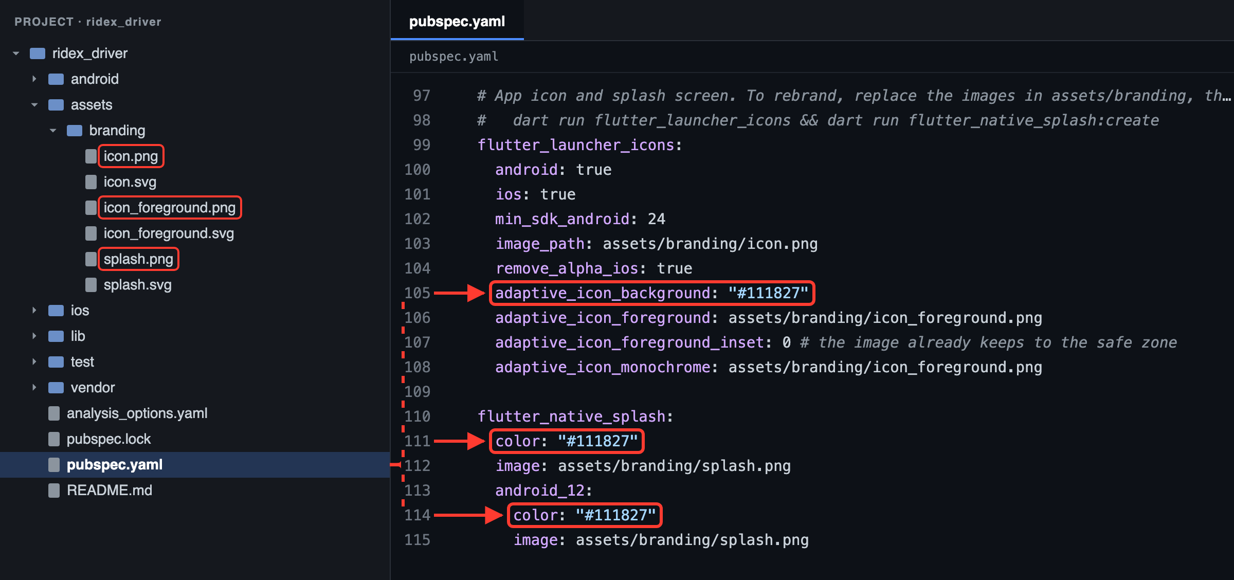 Driver app: the images to replace in assets/branding/, and their background colour (#111827) in pubspec.yaml