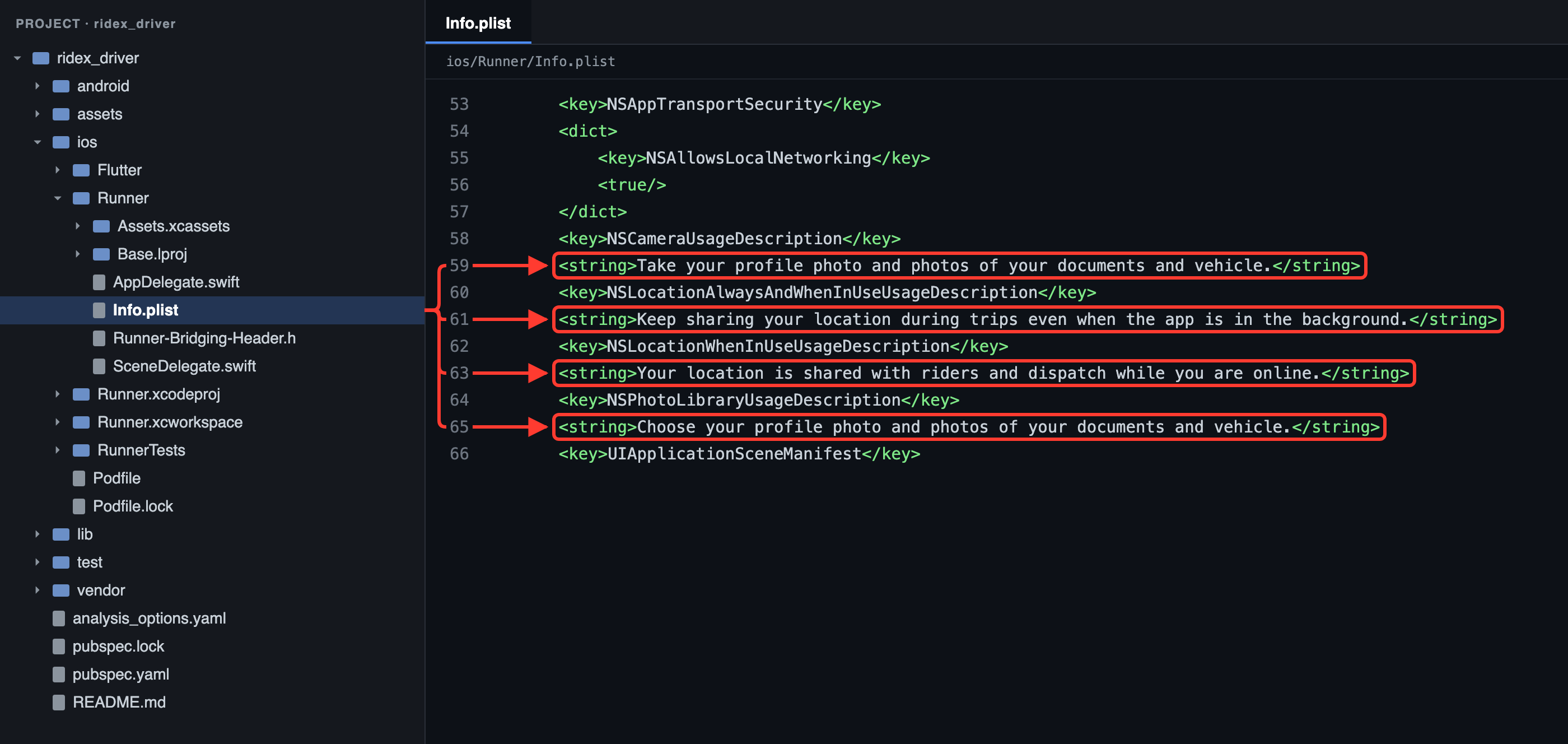 Driver app: the permission texts iOS shows, in ios/Runner/Info.plist