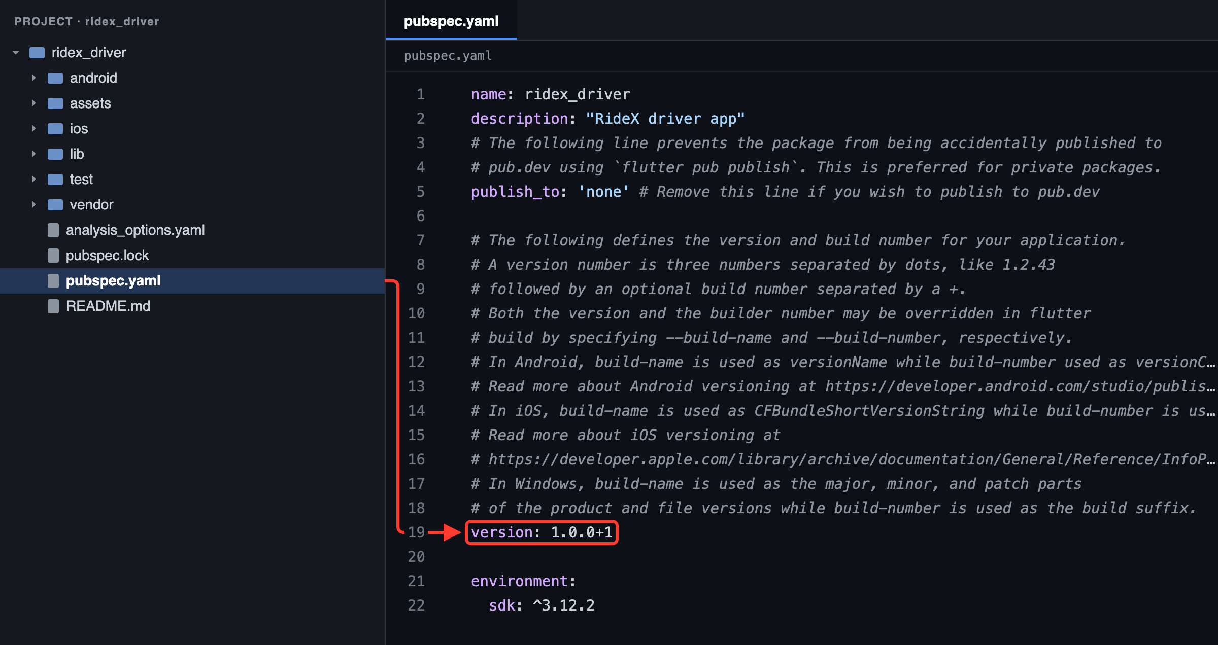 Driver app: version 1.0.0 and build number 1 in pubspec.yaml