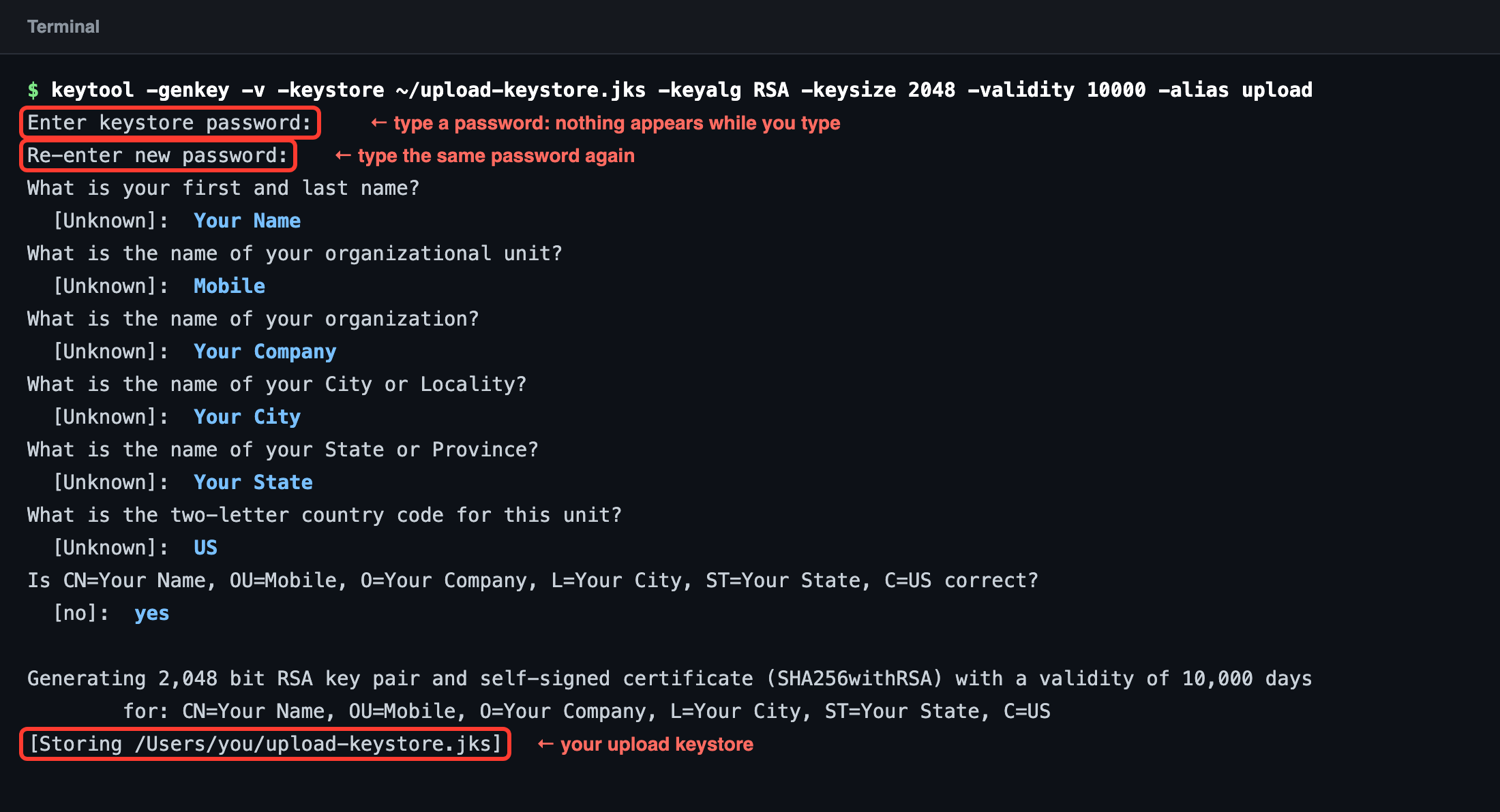 Creating the upload keystore with keytool: what you type is shown in blue