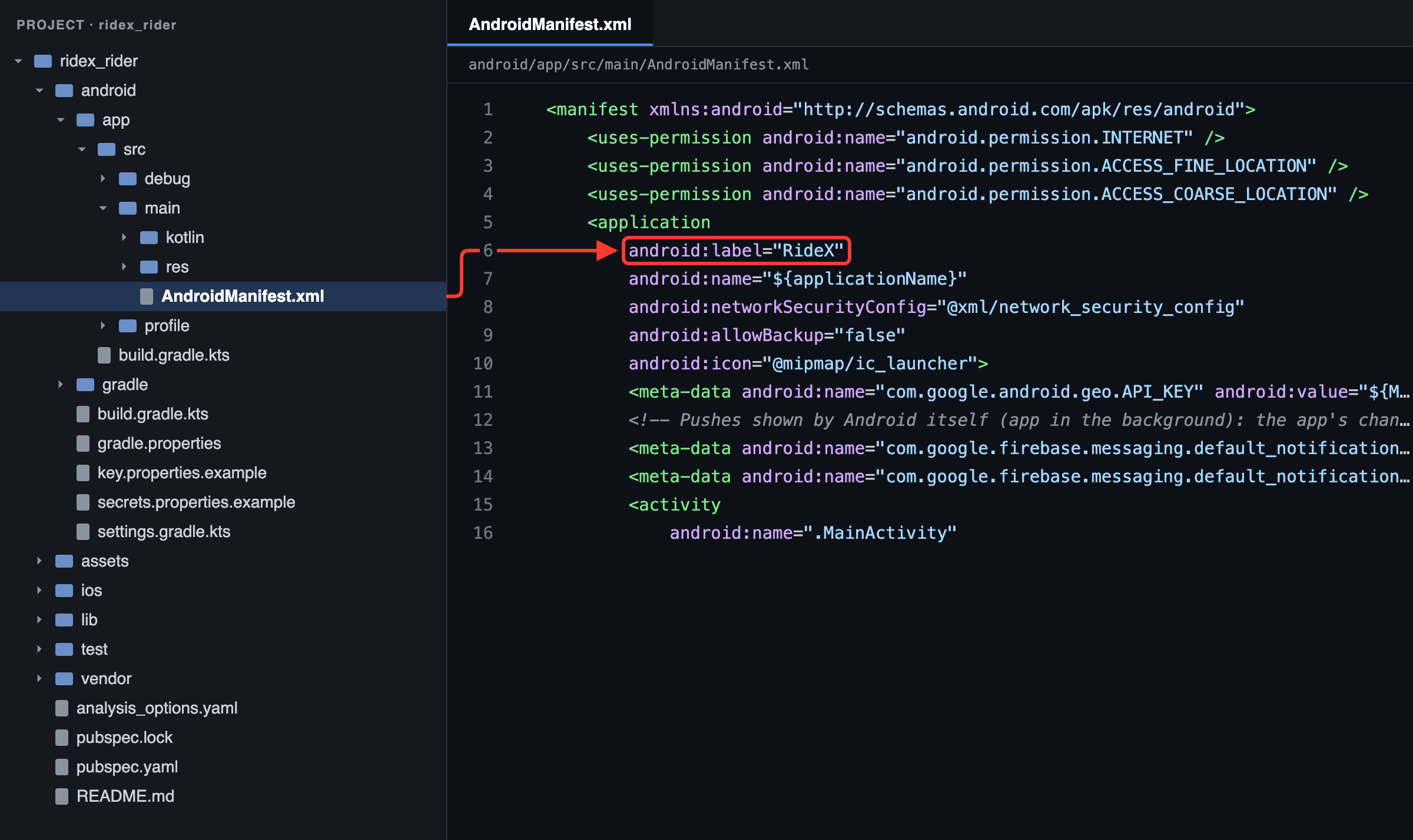 Rider app: the name under the icon is android:label in android/app/src/main/AndroidManifest.xml