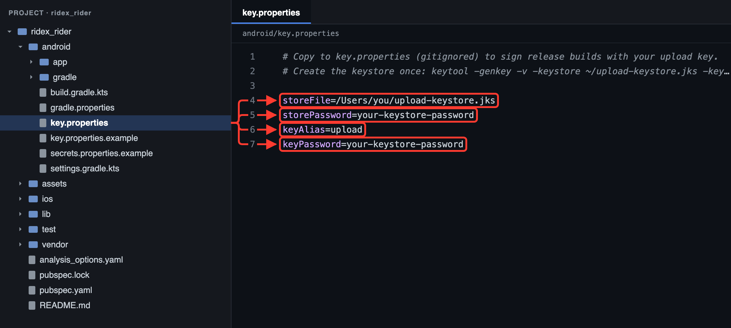 Rider app: a filled-in android/key.properties, next to key.properties.example