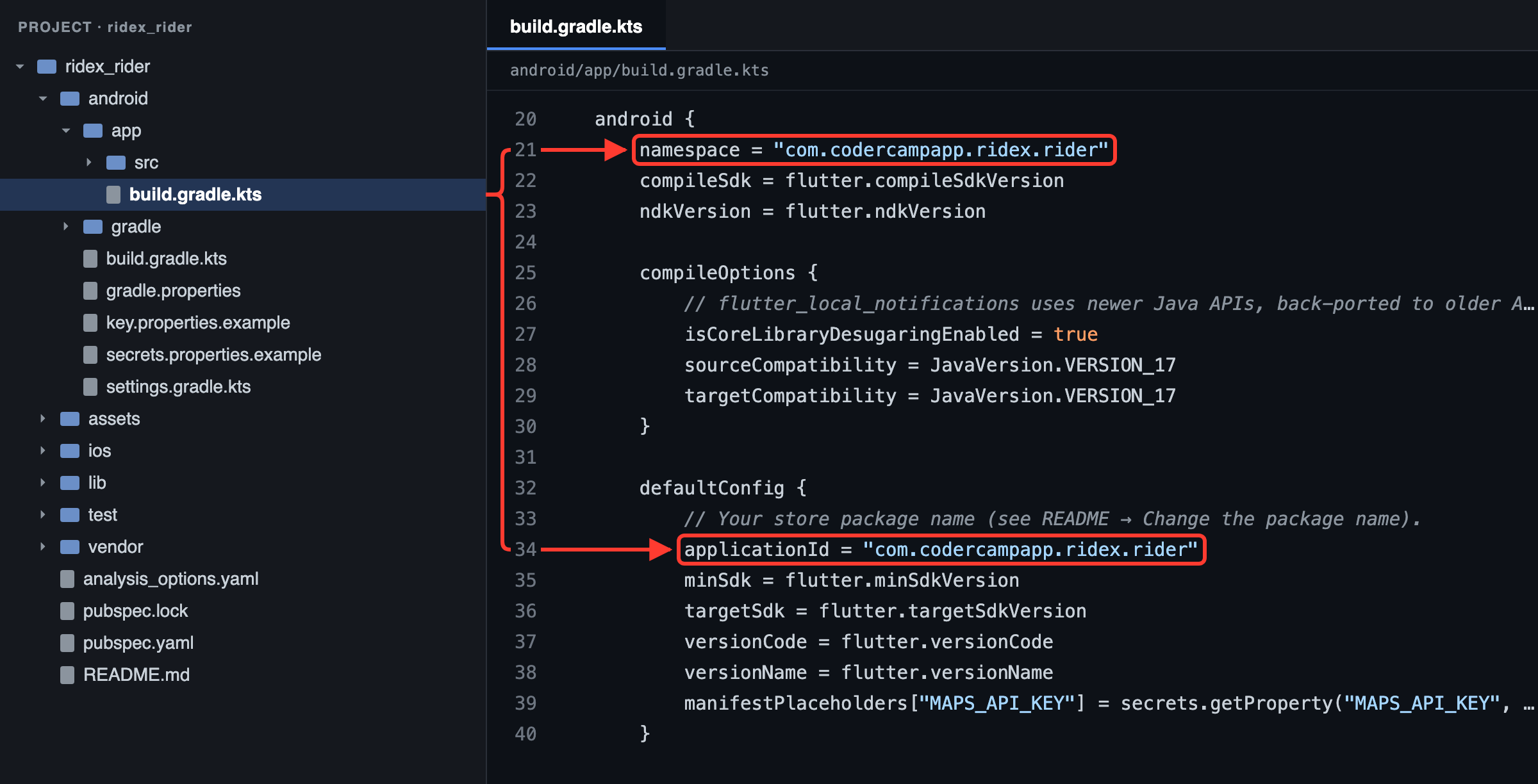 Rider app: the package name is namespace and applicationId in android/app/build.gradle.kts