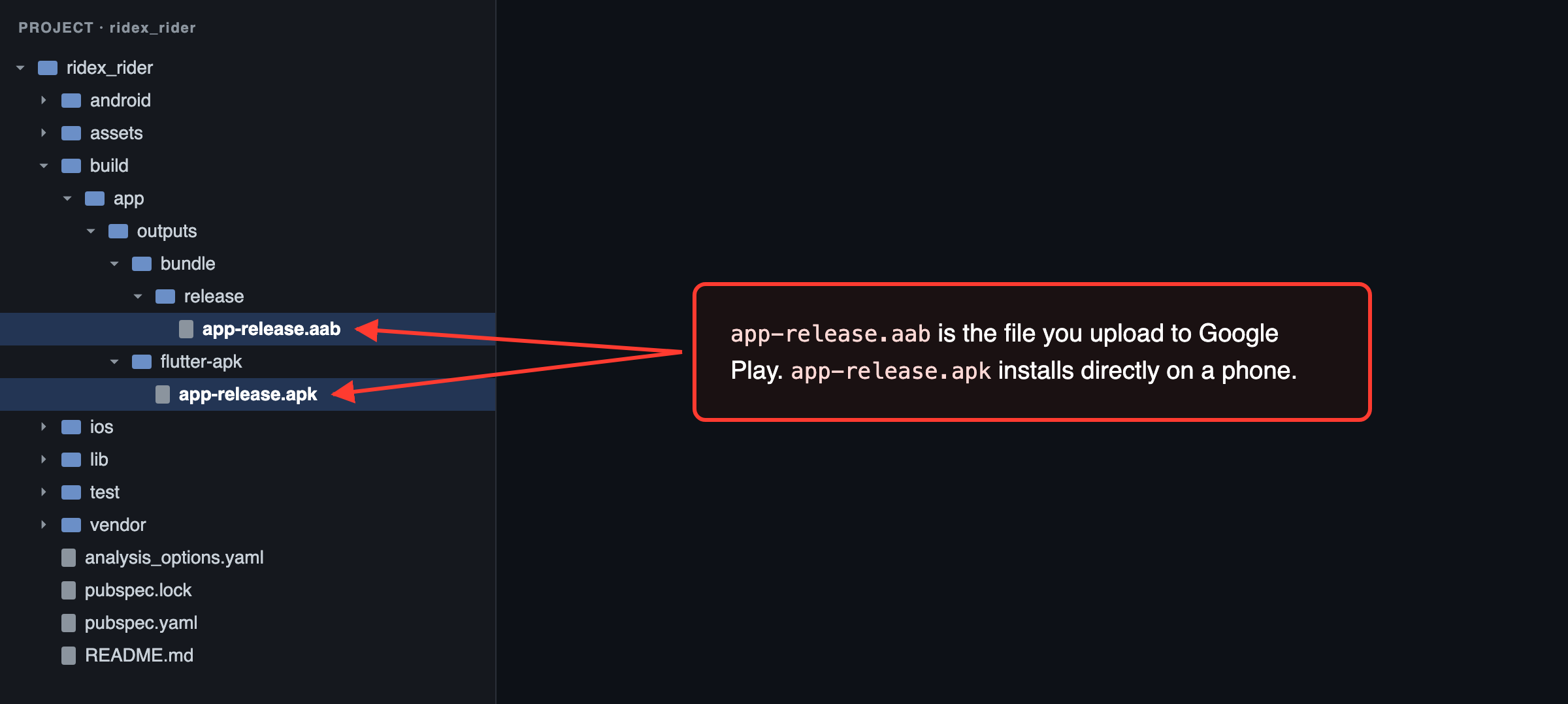 Rider app: the release builds are written to build/app/outputs/bundle/release/ and build/app/outputs/flutter-apk/