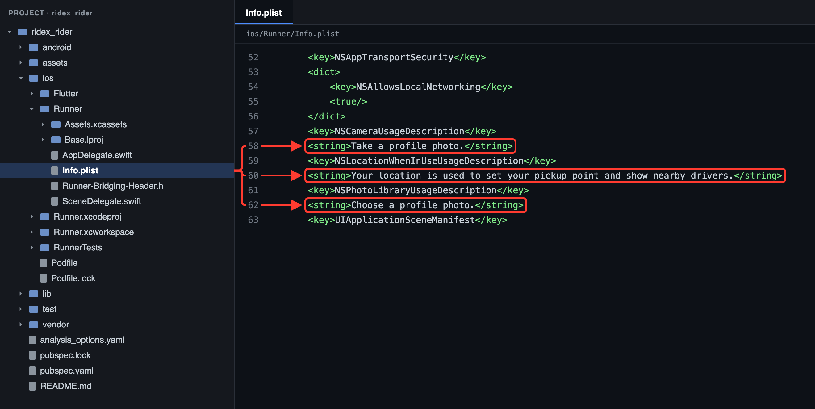 Rider app: the permission texts iOS shows, in ios/Runner/Info.plist