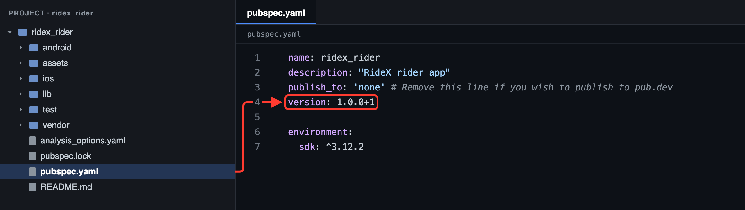 Rider app: version 1.0.0 and build number 1 in pubspec.yaml