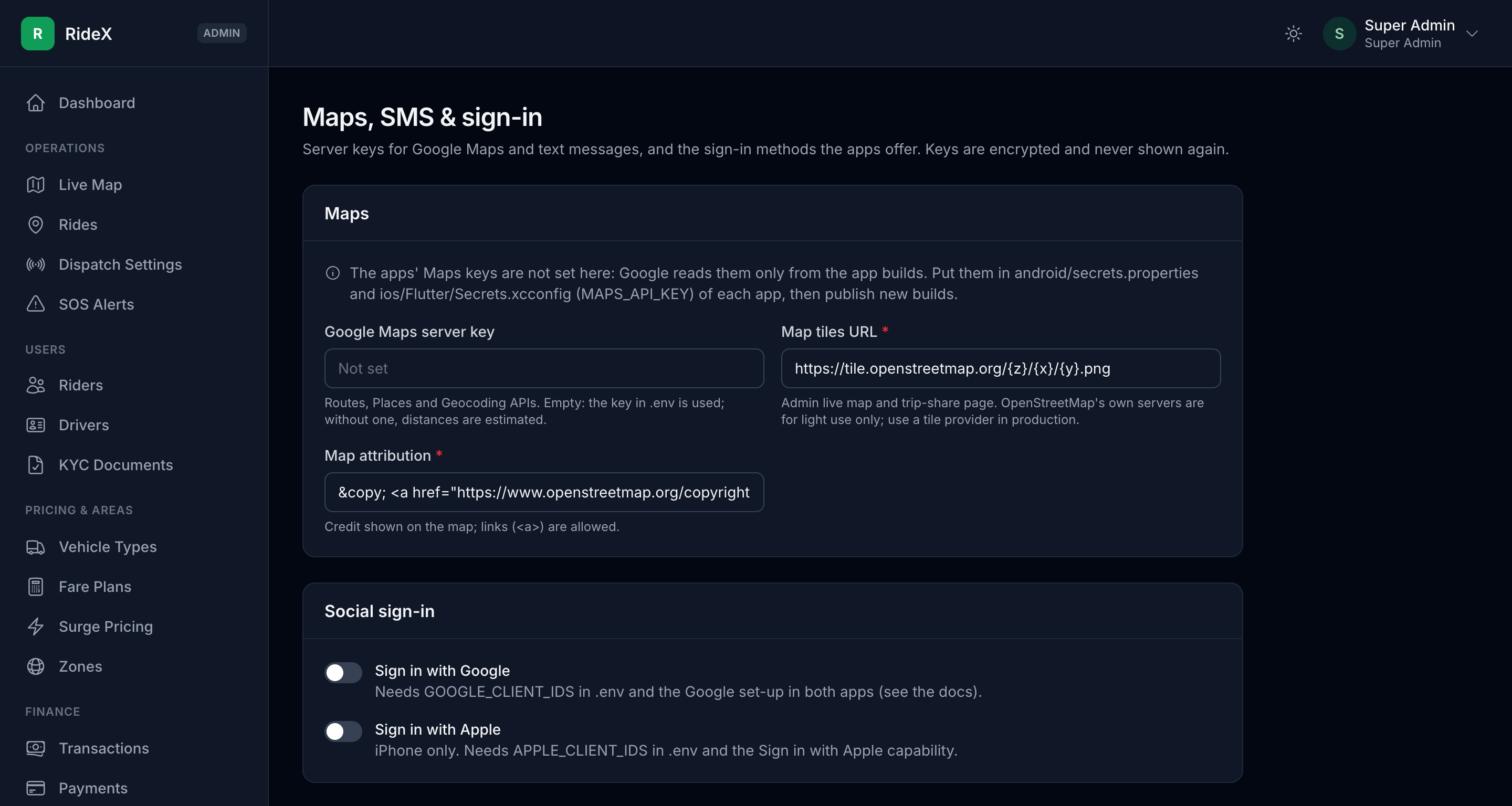 Admin → Maps, SMS & Sign-in: the Google Maps server key, the map tiles and the sign-in switches; the Twilio settings follow further down