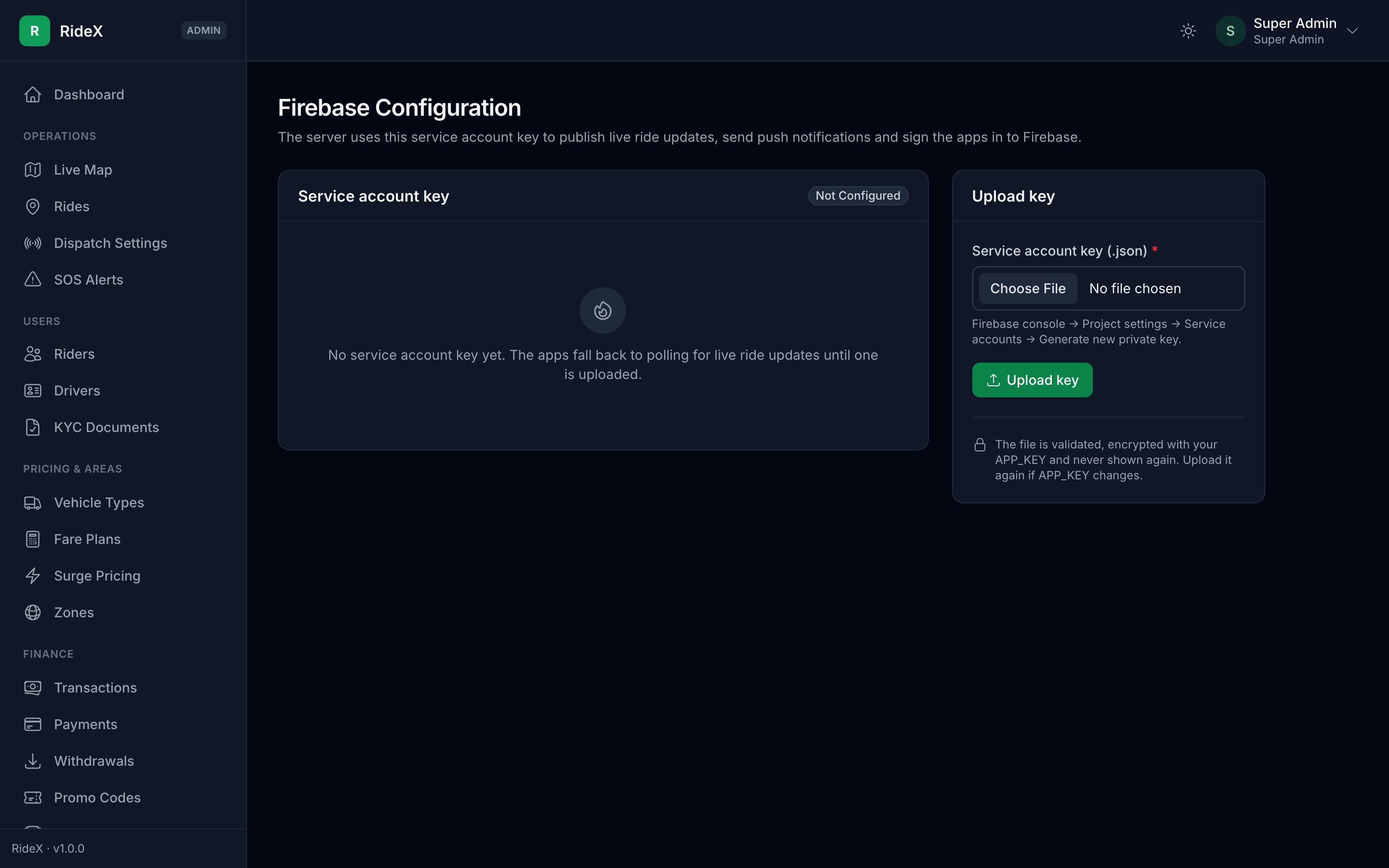 Admin → Firebase Configuration before a key is uploaded: upload the service-account JSON file on the right