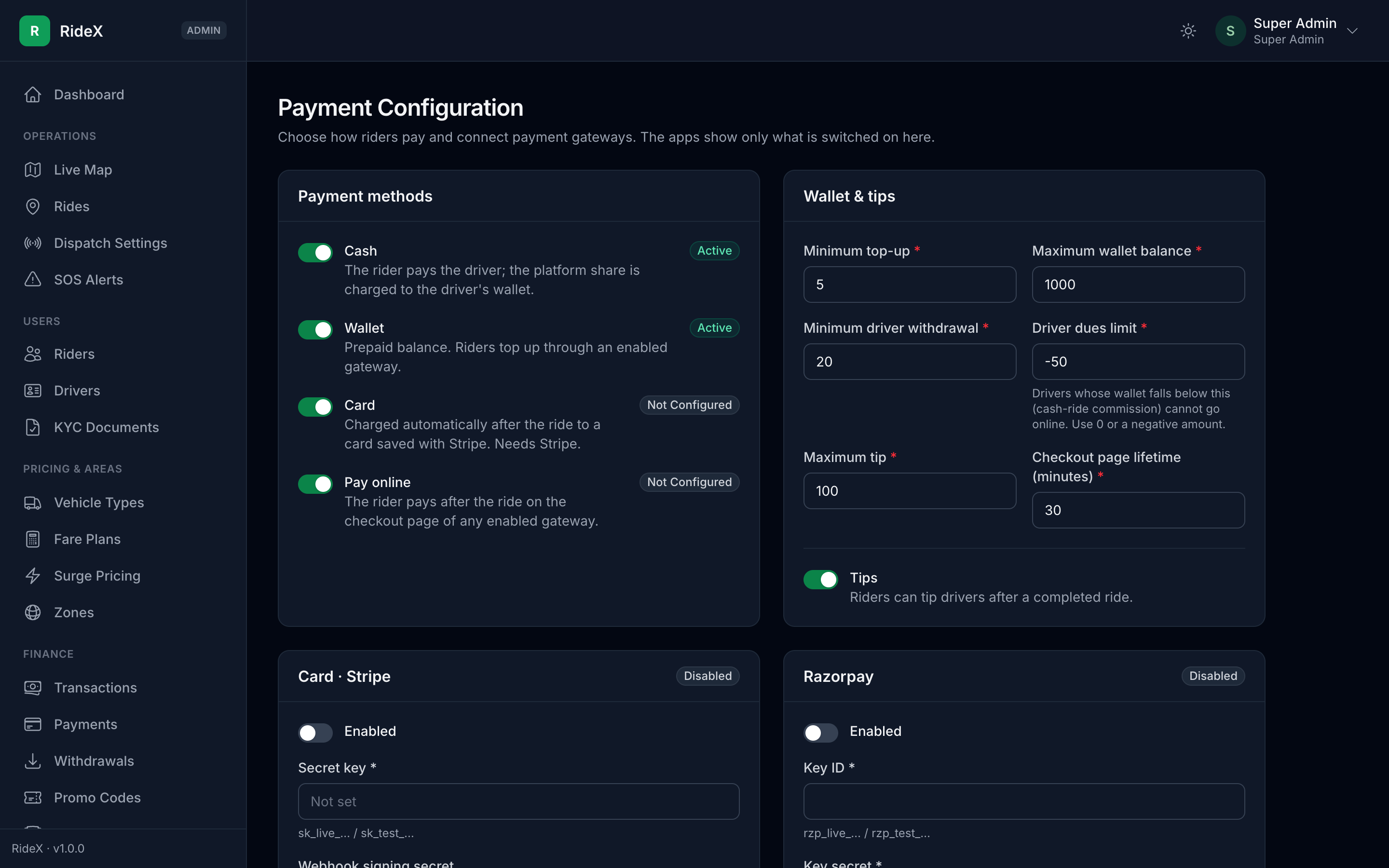 Admin → Payment Configuration: the payment methods riders are offered, wallet limits and tips, then one card per gateway