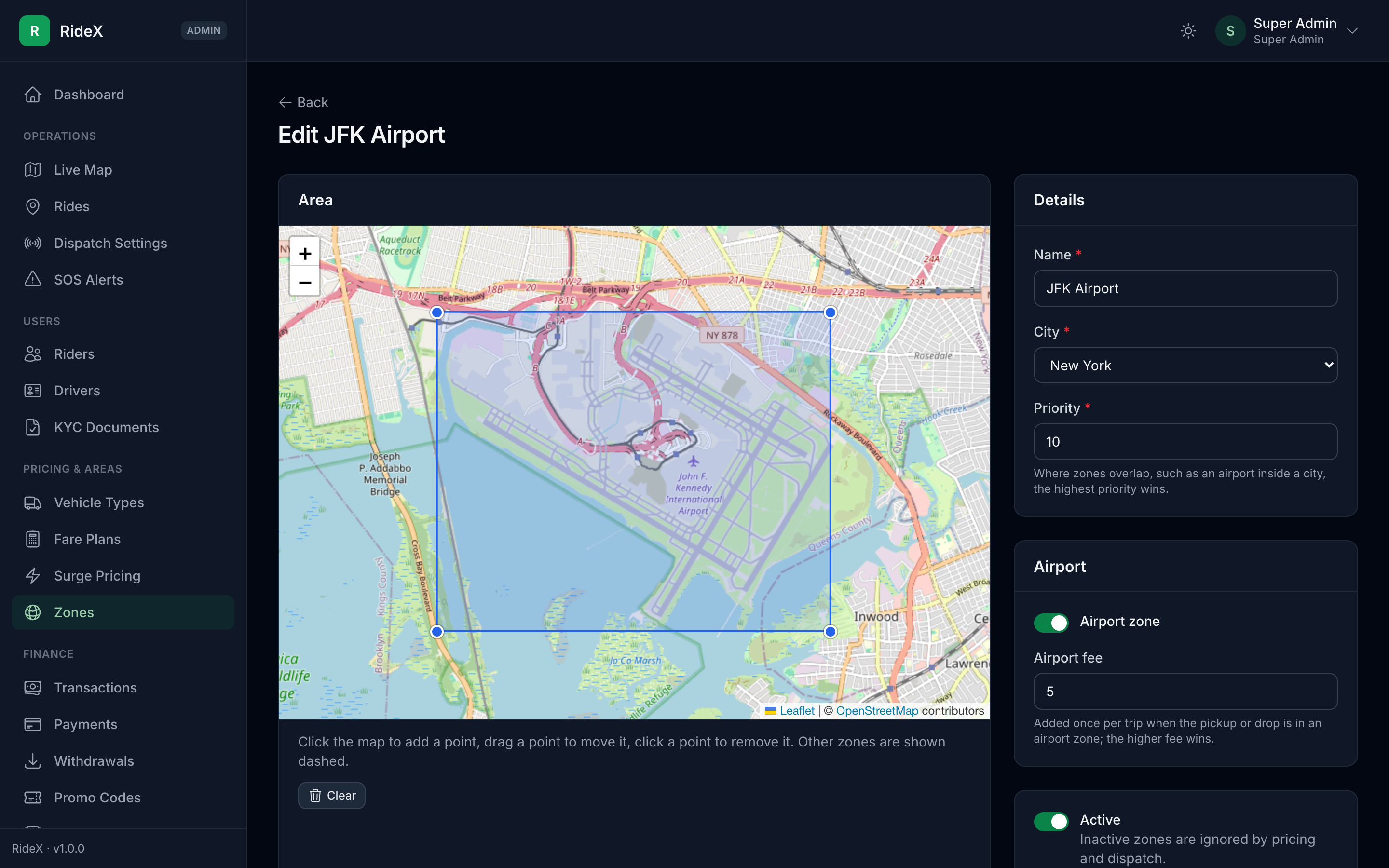 The zone editor: click the map to add a point, drag a point to move it