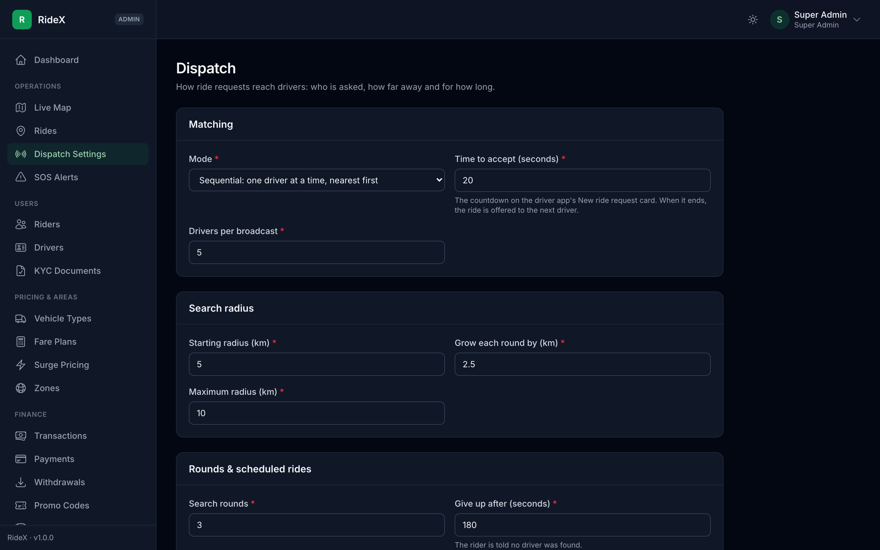 Dispatch Settings with the default values