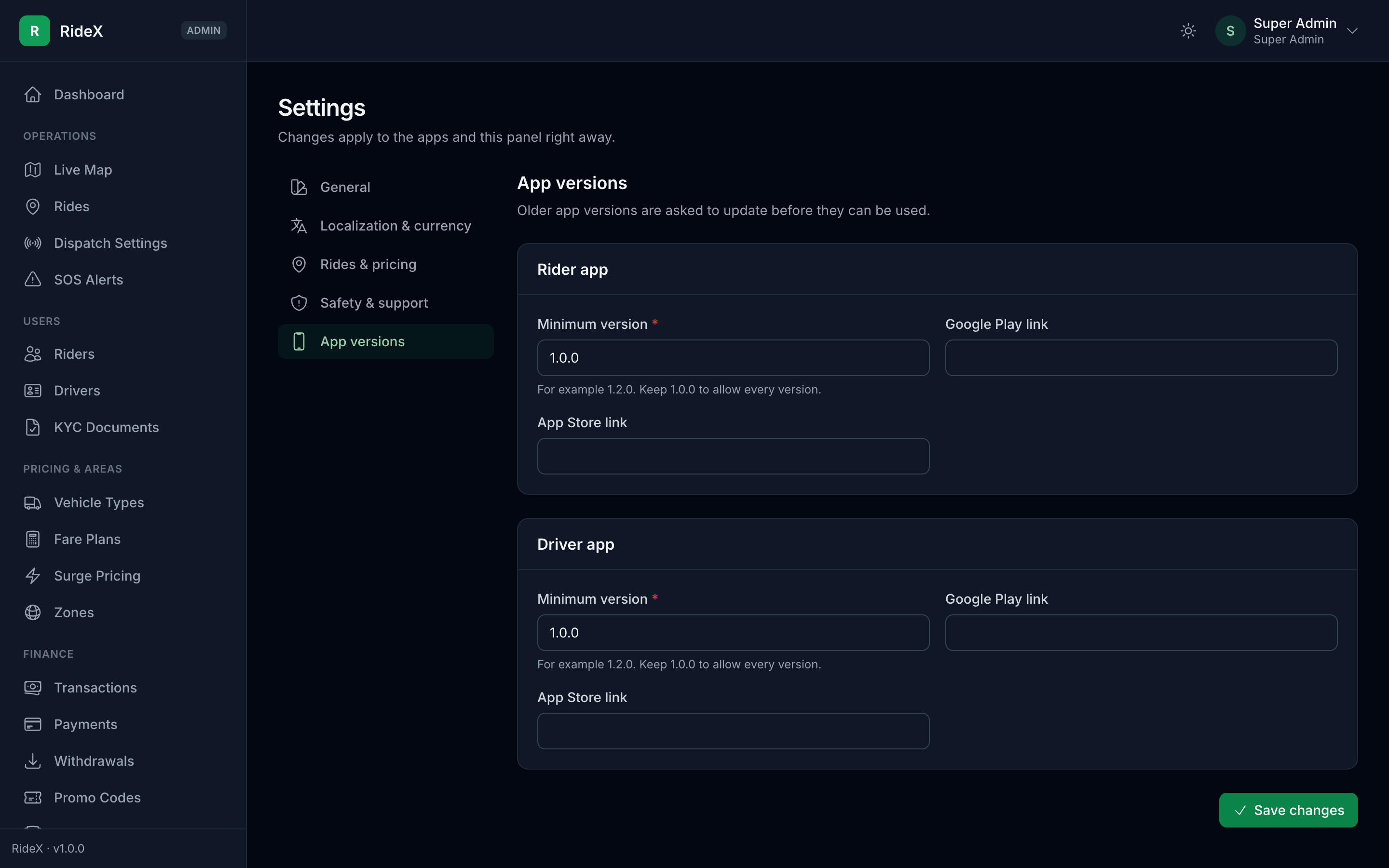 Settings → App versions