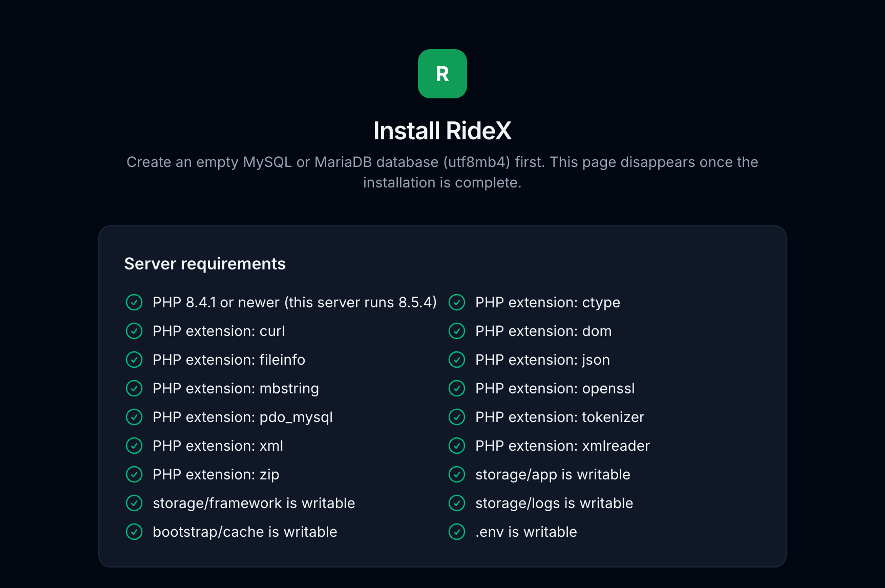 The installer's server check: the PHP version, the extensions RideX needs and the folders it writes to