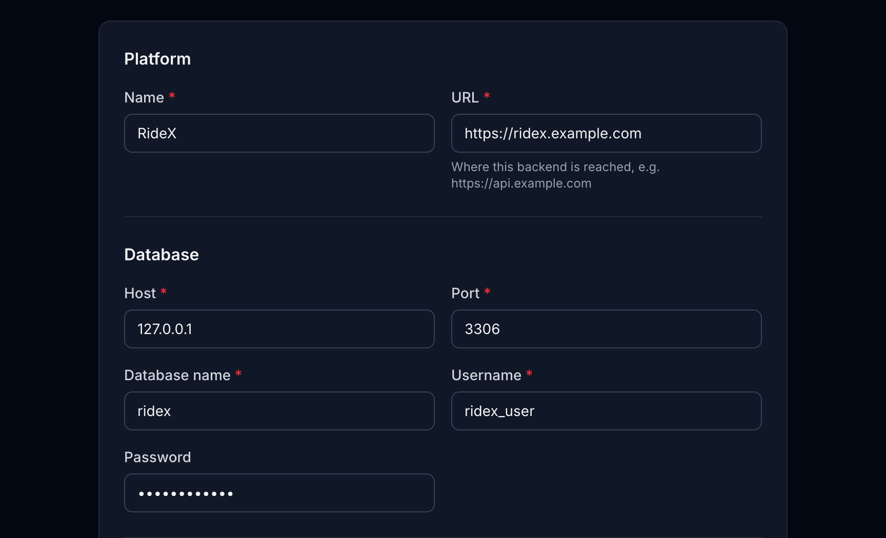 Platform and Database: the platform's name and URL, and the database and user from step 5