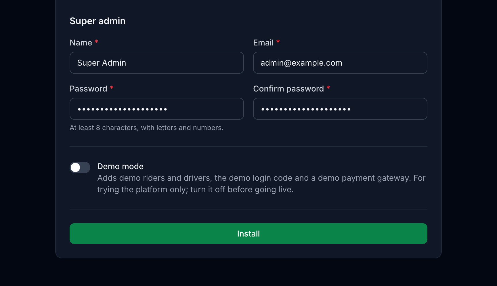 Super admin: the first admin account, and Demo mode, which stays off on a live platform