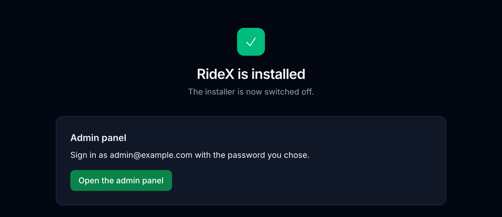 The installer's last page, with the link to the admin panel