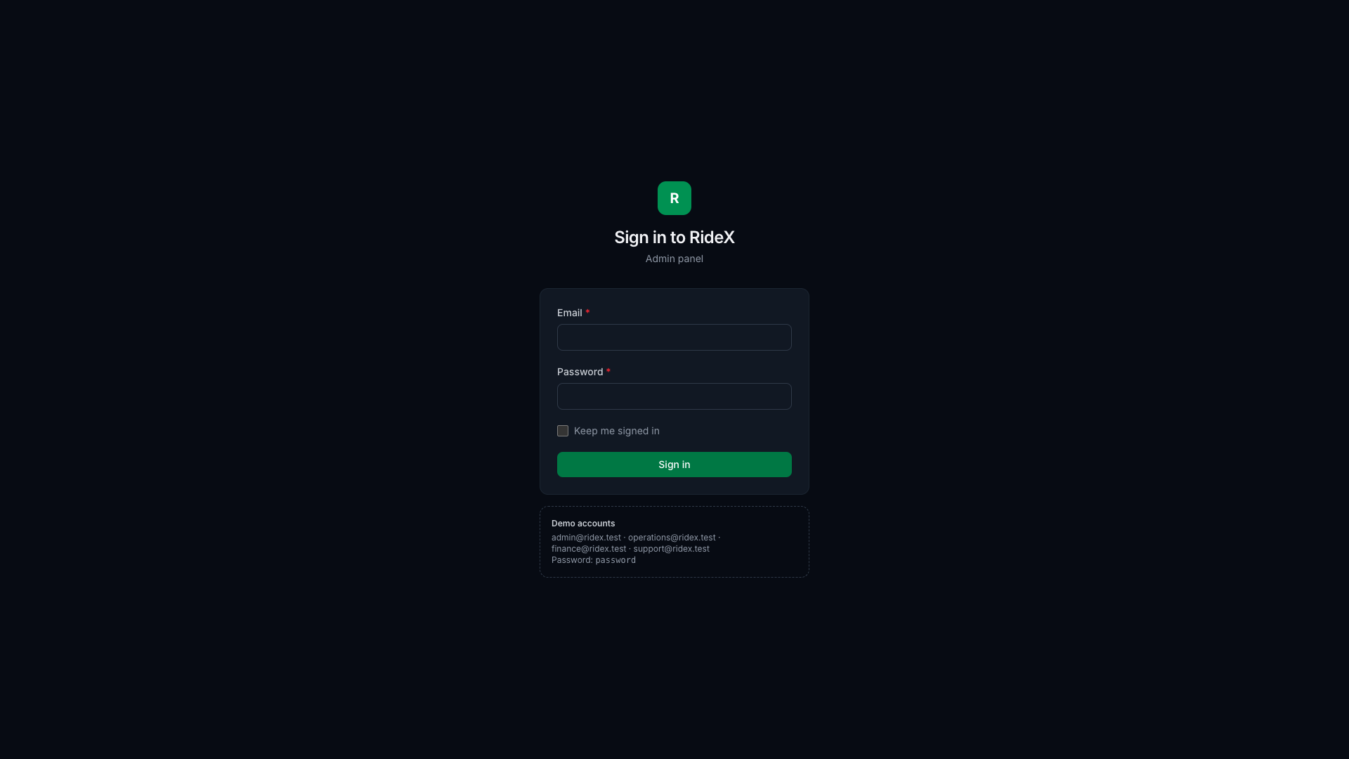 The admin panel's sign-in page, with the demo accounts shown in demo mode