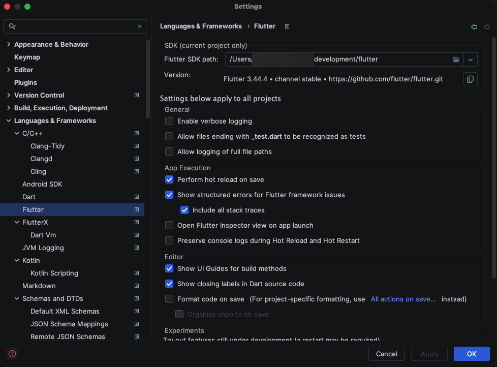Android Studio → Settings → Languages & Frameworks → Flutter: the Flutter SDK path