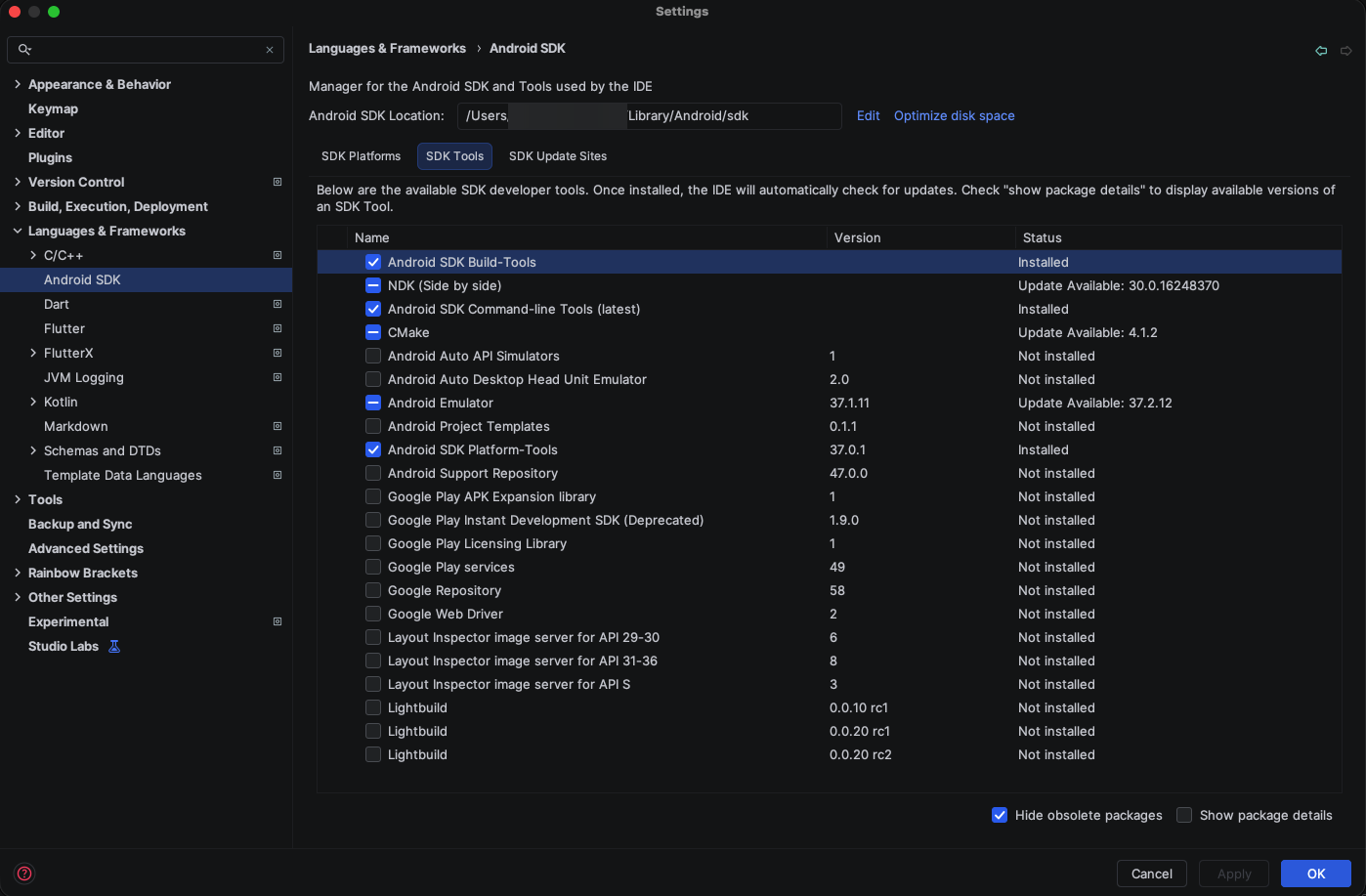 SDK Manager → SDK Tools: Build-Tools, Command-line Tools, Emulator and Platform-Tools