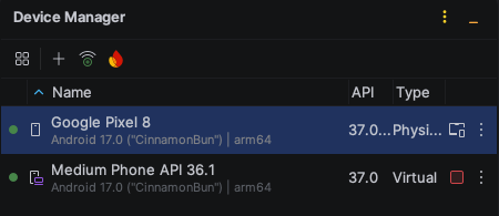 Android Studio → Device Manager: an emulator (Virtual) and a phone connected over USB (Physical)
