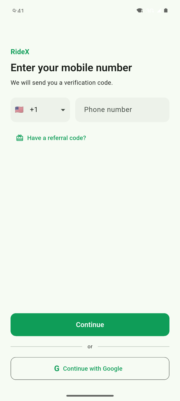 RideX Rider on an Android emulator (Pixel 8, Android 16) right after installing: the sign-in screen has loaded its settings from the backend