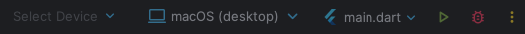 Android Studio toolbar: the device menu, the main.dart configuration and the Run button