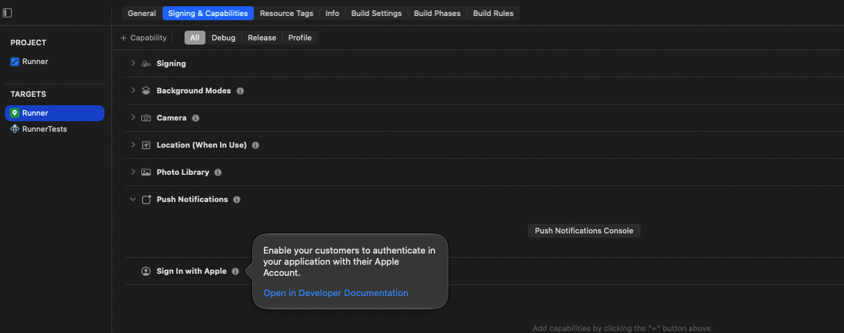 Xcode: Push Notifications and Sign in with Apple added to the Runner target