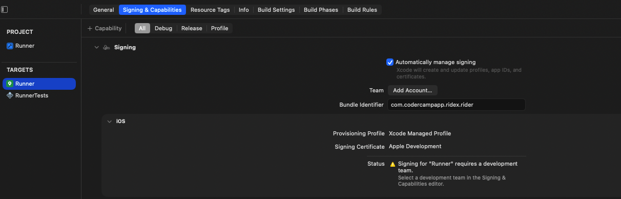 Xcode → Signing & Capabilities: Automatically manage signing, the Team menu and the bundle identifier; until you pick a team, Xcode warns that signing needs one