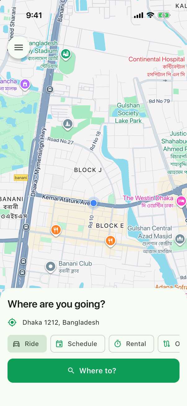 RideX Rider on the iPhone 17 Pro simulator after signing in, with a custom location: the map and the pickup address from the backend