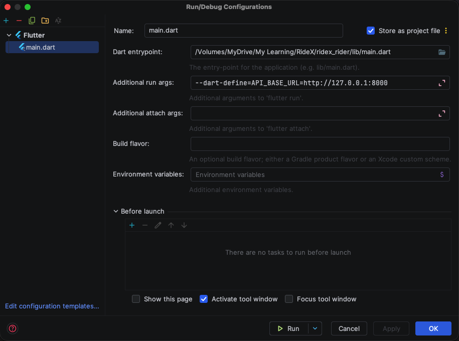 Android Studio → Run → Edit Configurations → main.dart: the backend address in Additional run args (here the local address a phone on USB uses, 9.3)