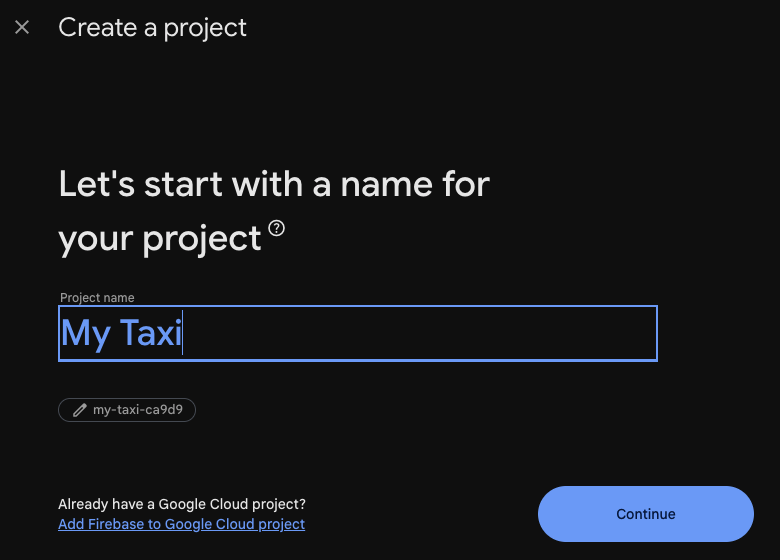 Firebase console: creating the project