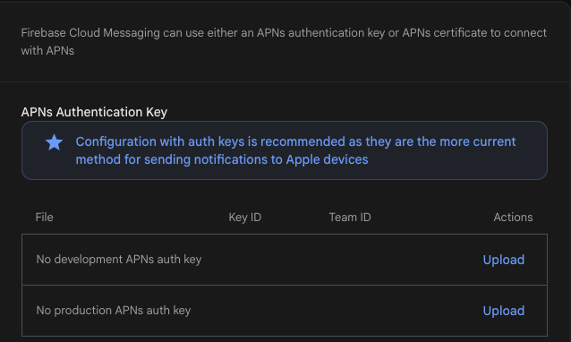 Firebase console → Project settings → Cloud Messaging: the APNs authentication key